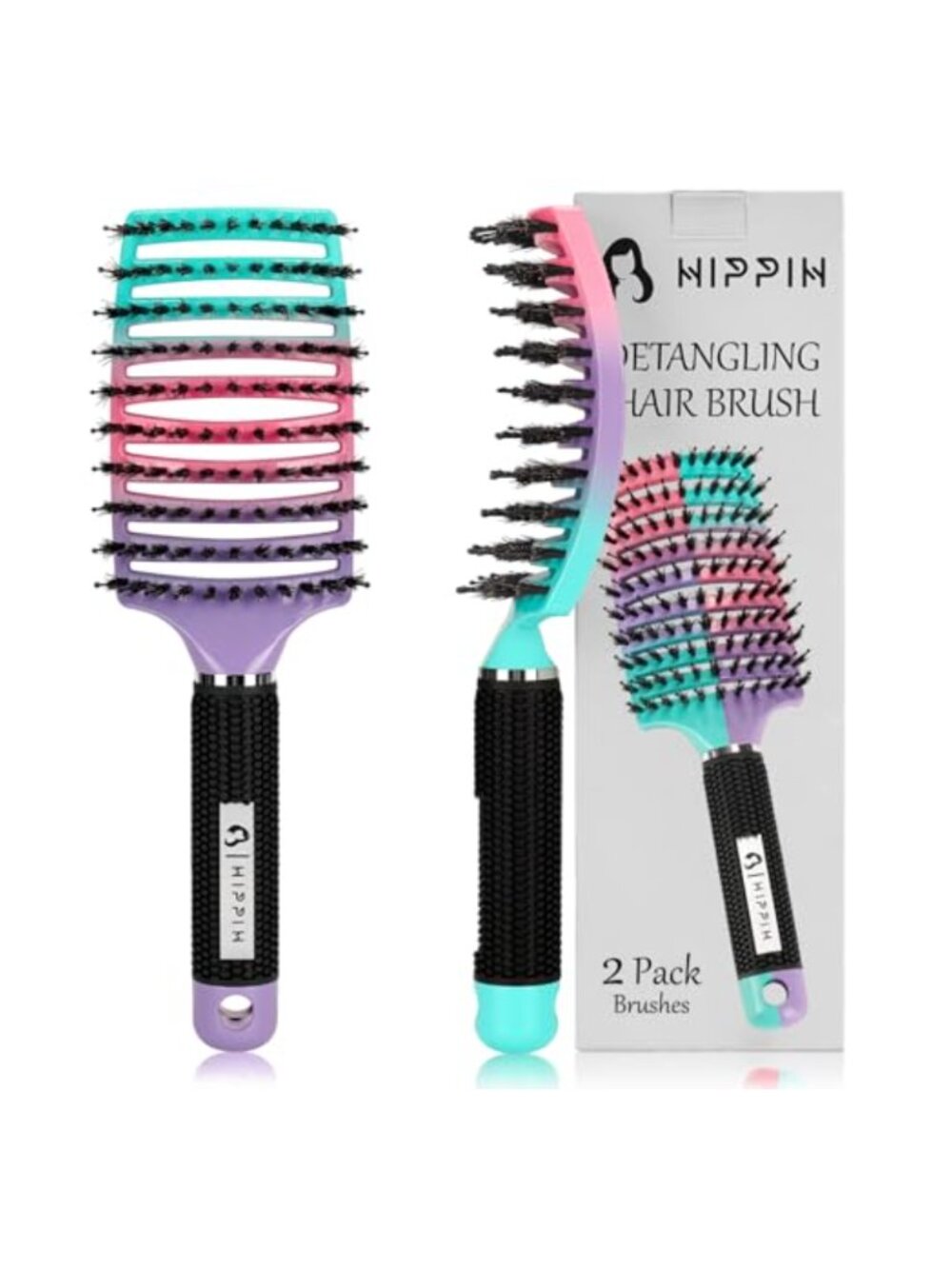 Boar Bristle Hair Brush Set of 2 Detangling Smoothing Wet Dry